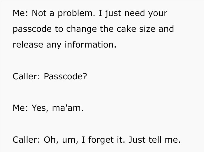 Text about requesting passcode for wedding cake changes during call Text about requesting passcode for wedding cake changes during call