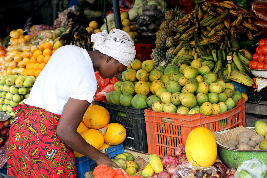 A woman arranges fruit at a vibrant market, rich with fresh produce. It highlights the diversity in diets across countries.