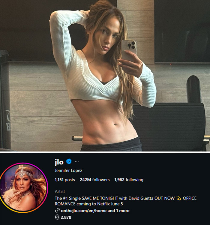 Jennifer Lopez taking a selfie, showing her toned abs, next to her Instagram profile, highlighting her follower count.