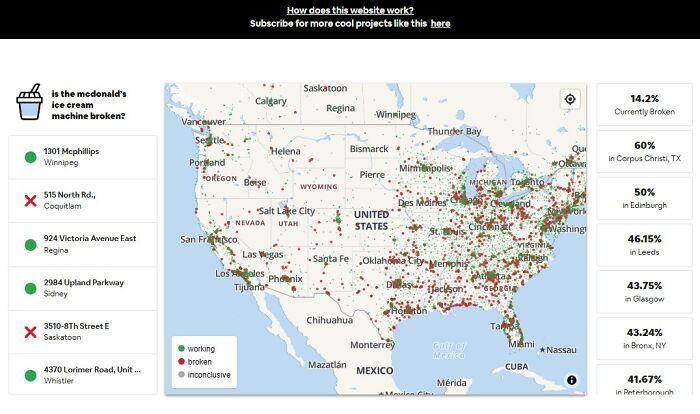A map of the United States displaying McDonald's ice cream machine status, an interesting website displaying current data.