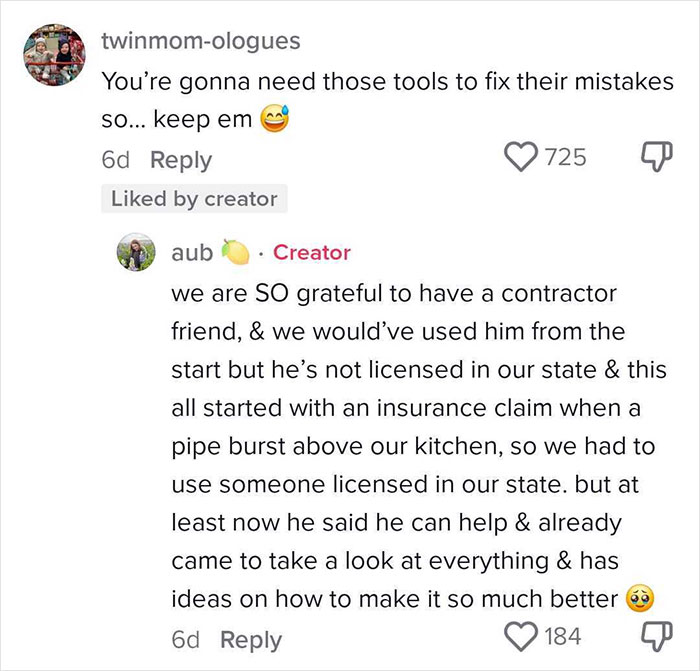 Screenshot of a social media comment thread where a woman shares how a very expensive contractor left her home, discussing gratitude for a friend's help.