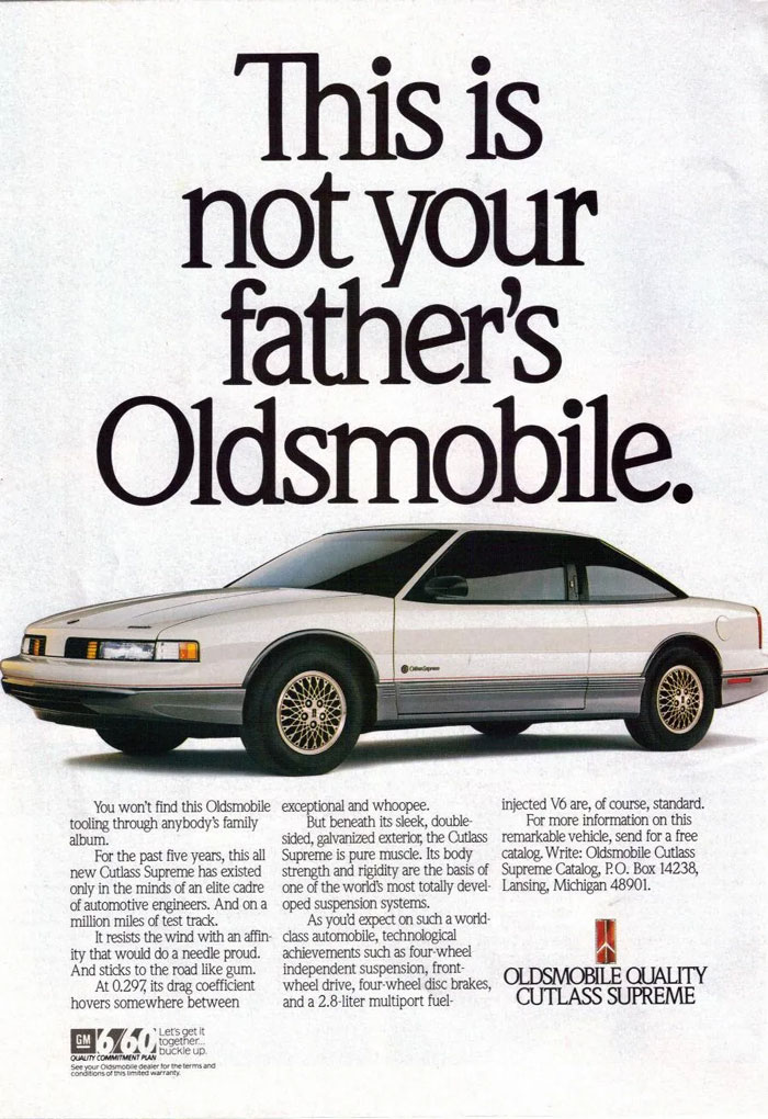 Vintage Oldsmobile ad with slogan showing classic PR fail