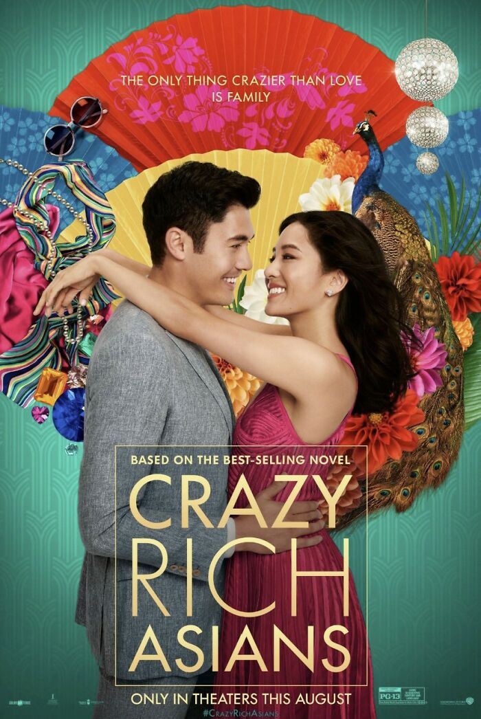 Crazy Rich Asians movie poster showing a smiling couple with colorful background