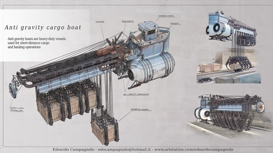 Concept art of an anti gravity cargo boat designed for short-distance hauling