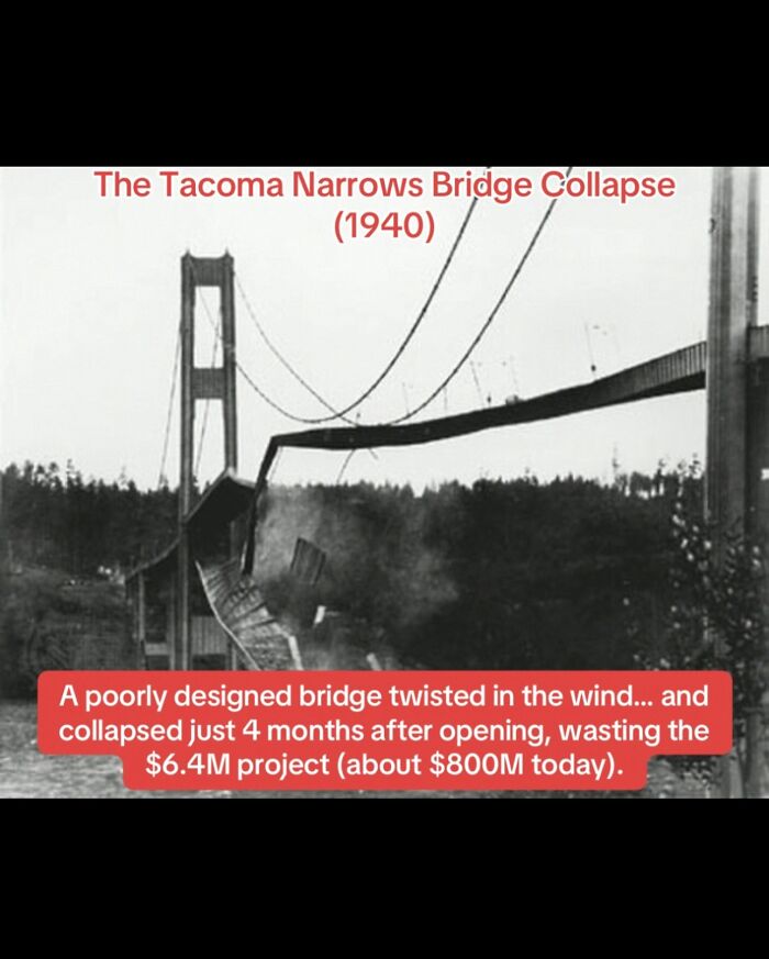 Tacoma Narrows Bridge collapse in 1940 due to poor design twisting and falling months after opening