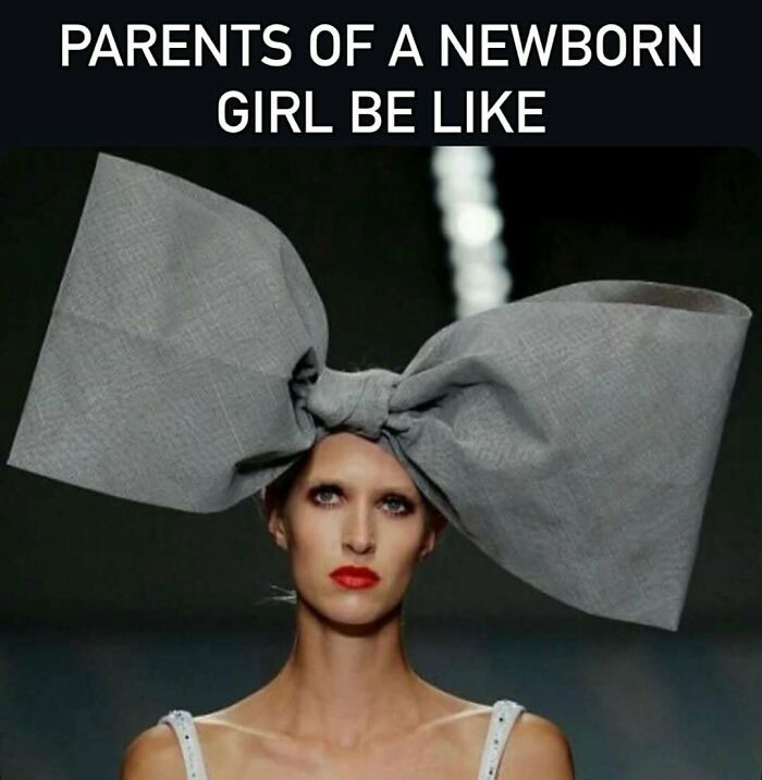 Parents of newborn girl meme showing woman with enormous gray bow