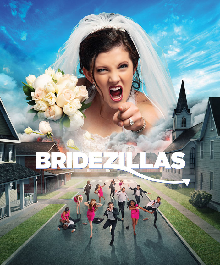 Angry bride shouting with bouquet in bridezilla wedding scene