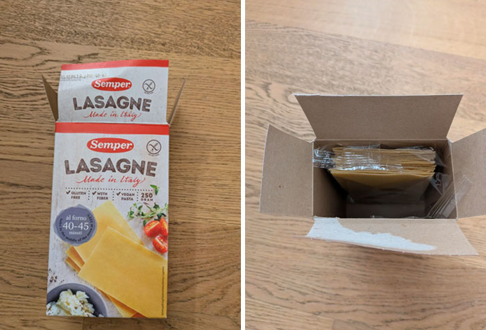 Semper lasagne pasta box showing small quantity of pasta sheets inside