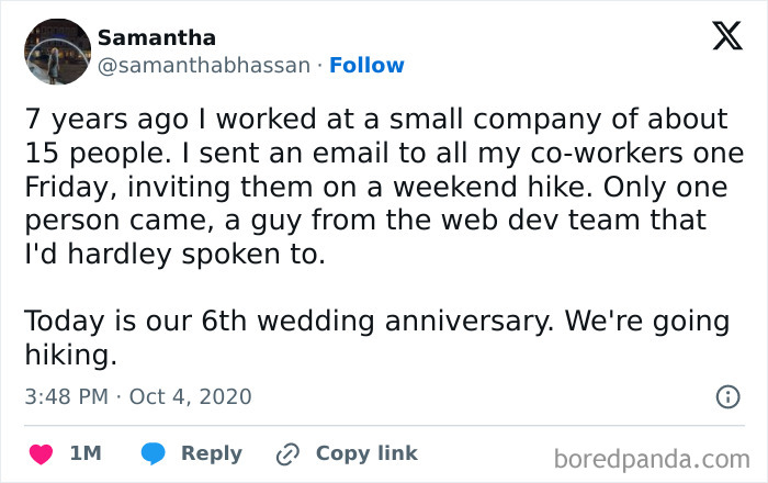 Real-life plot twist about co-worker hike turning into wedding anniversary tradition