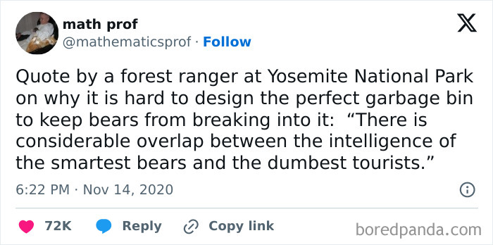 Tweet about challenges of designing bear-proof garbage bins in Yosemite National Park outdoors