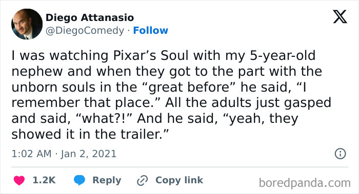 Tweet about a 5-year-old recognizing Pixar's Souls great before from the trailer plot twist