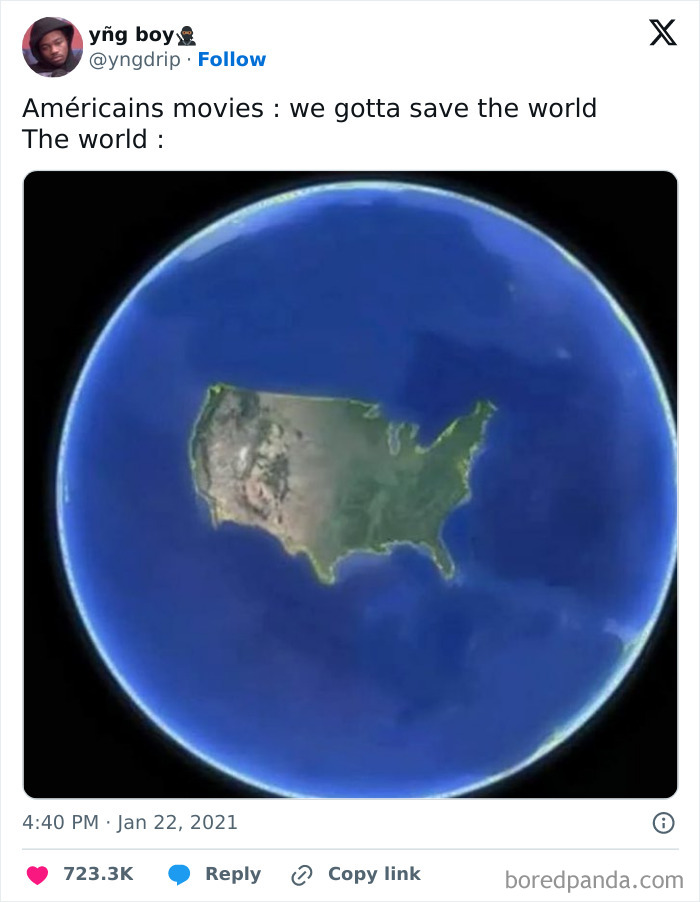 A hilarious cinephile tweet about American movies saving only the USA. Movie people humor.