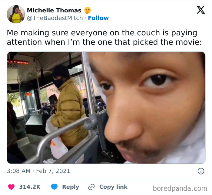 Hilarious cinephile tweet and image of someone ensuring others pay attention to their chosen movie, showcasing movie people.