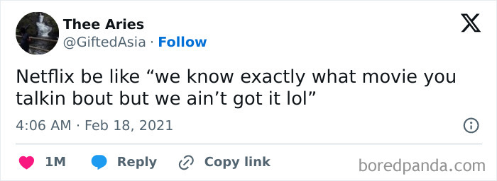 A humorous tweet about Netflix not having the movie you want to watch. Perfect for cinephile tweets.