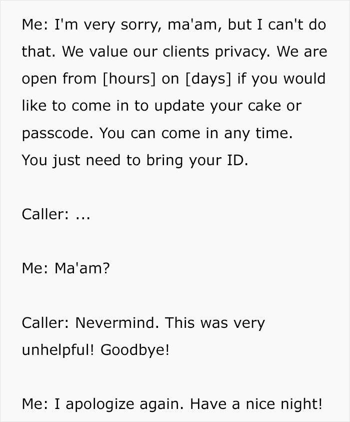 Bakery employee refuses to update wedding cake passcode without ID for son's wedding Bakery employee refuses to update wedding cake passcode without ID for son's wedding