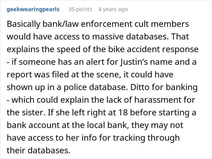 Comments discussing cult members' access to law enforcement and bank databases for tracking individuals
