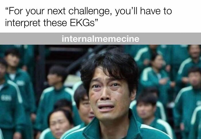 A man crying in a medical meme with text about interpreting EKGs. Perfect for doctors and nurses.
