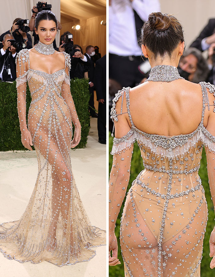 Kendall Jenner in a dazzling sheer outfit at the MET Gala, front and back views showcasing the intricate beading.
