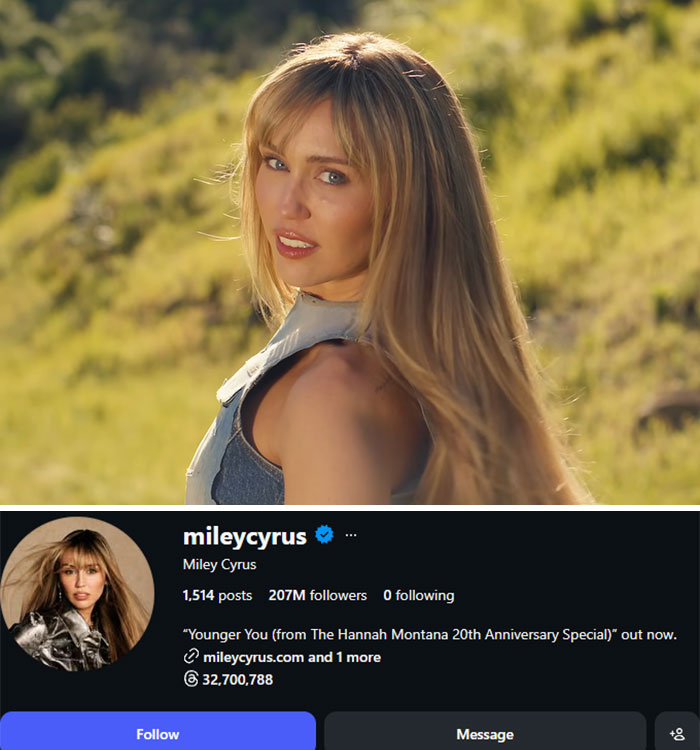 Miley Cyrus, with long blonde hair, looking over her shoulder. Her Instagram profile shows 207M followers. Celebrities who lost followers after bot purge.