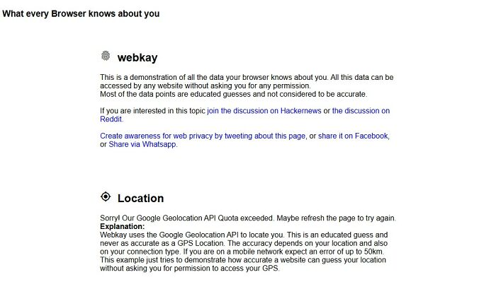 Text explaining Webkay, an interesting website demonstrating browser data and location tracking, highlighting web privacy.