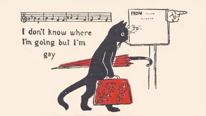 Illustration of a cat with suitcase and musical notes saying I'm gay