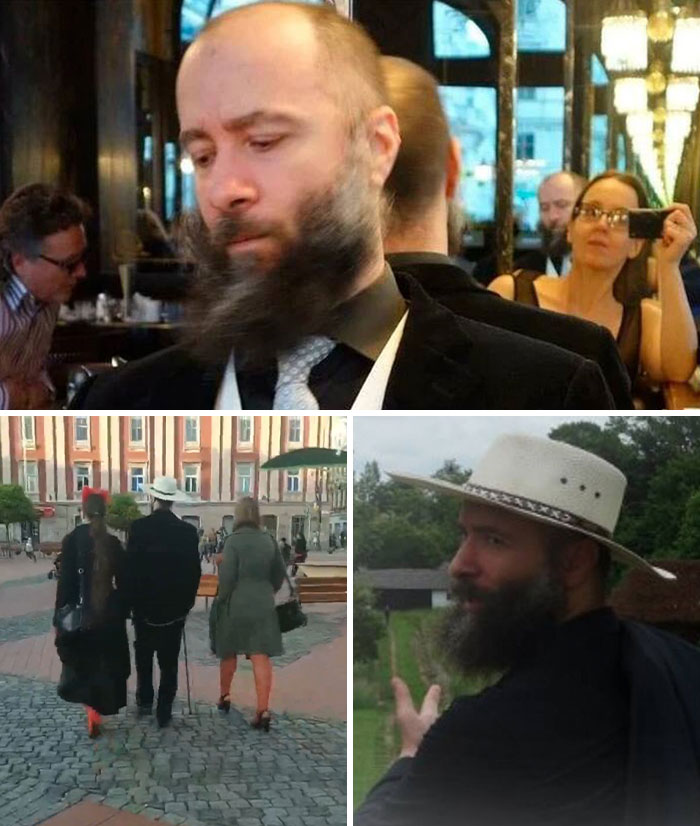 Crypto millionaire with beard and hat shown in different settings