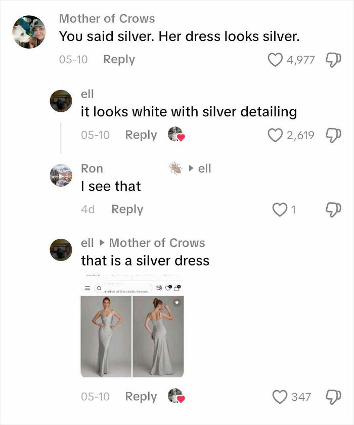 A screenshot of comments discussing a mother-in-law's (MIL) dress at a son's wedding, with one showing the silver dress. A screenshot of comments discussing a mother-in-law's (MIL) dress at a son's wedding, with one showing the silver dress.