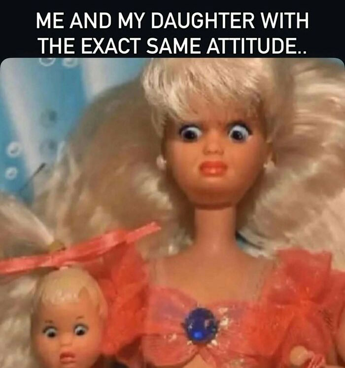Funny mom meme of dolls with identical sassy attitude showing mom and daughter