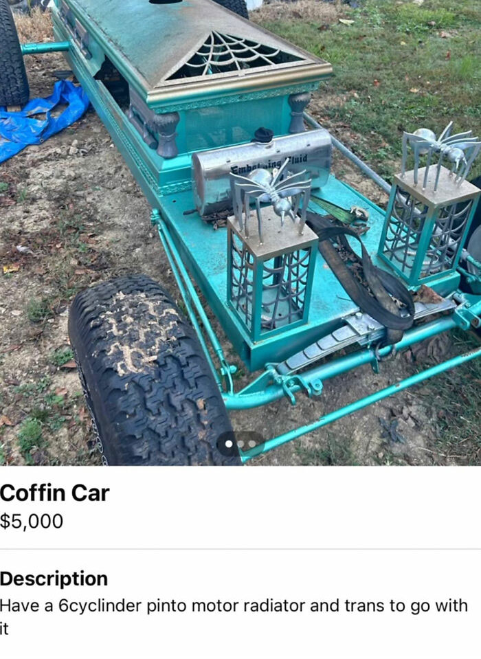 Unique coffin car with spider web details for sale on FB Marketplace