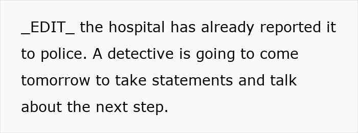 Text update: hospital reported incident to police; detective to investigate. Grandkid's allergies lead to ER visit.