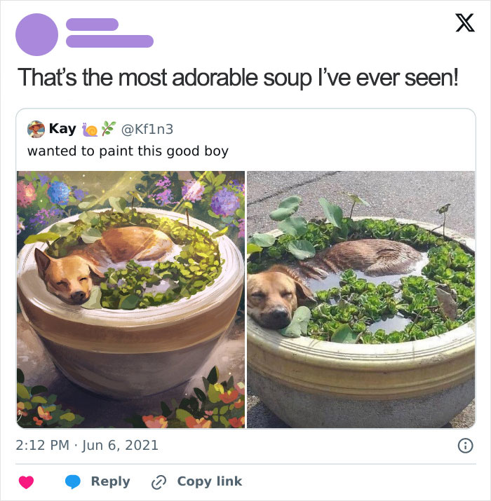 A wholesome meme: A tweet showing a real dog napping in a planter full of water plants, next to an artistic painting of it.