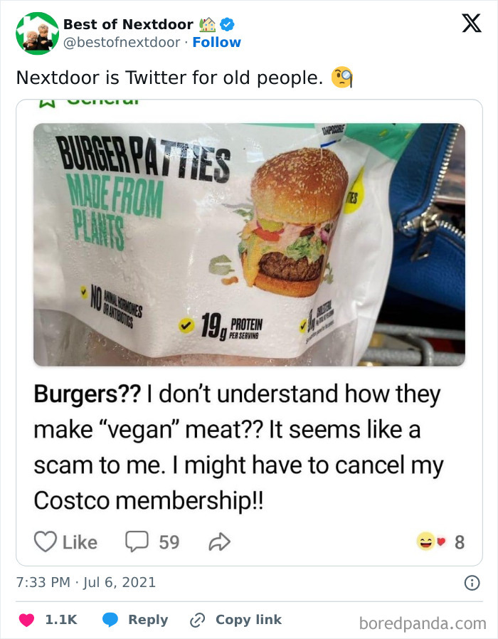 Funny tweet about vegan burger patties made from plants confusing old people