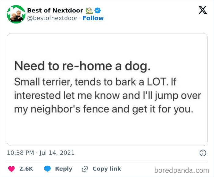 Humorous ad rehoming noisy small terrier dog with neighbor fence joke