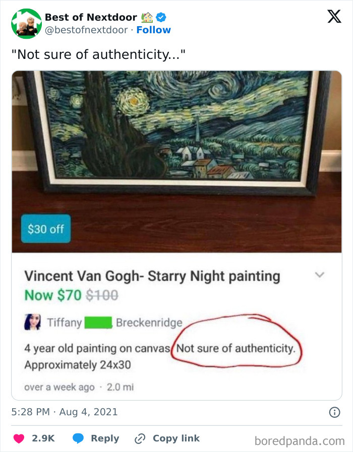 Listing of a Starry Night painting unsure of authenticity in neighborhood post