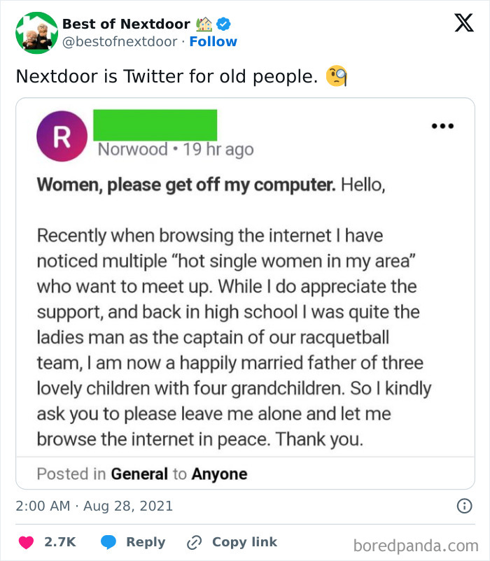 Nextdoor post humor about computer use and hot single women in neighborhood