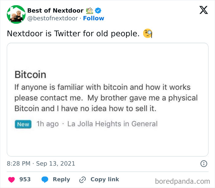 Nextdoor post asking for help understanding physical Bitcoin sale