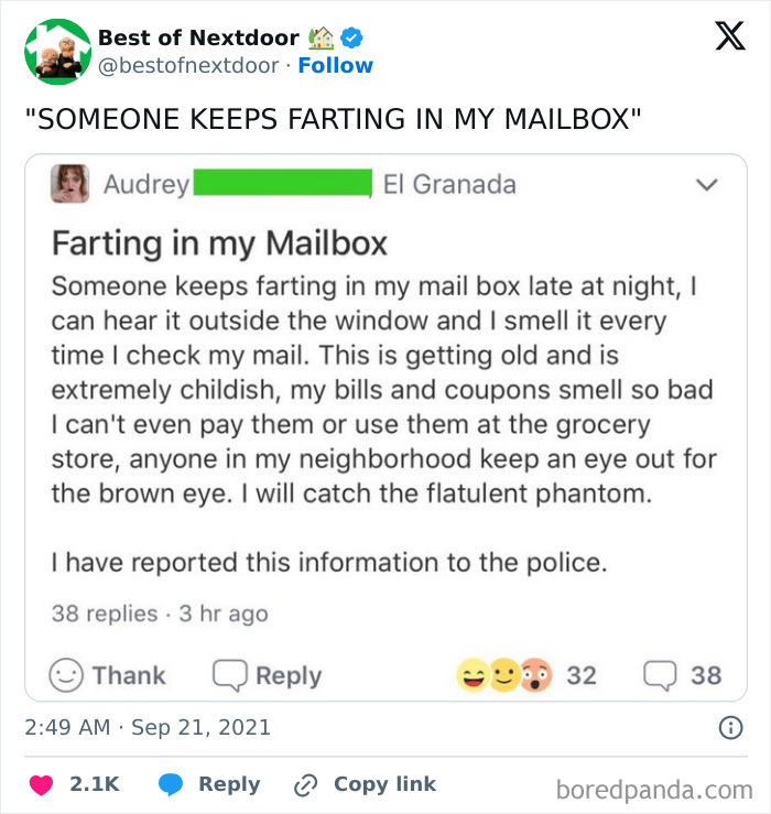 Nextdoor post complaining about someone farting in mailbox repeatedly