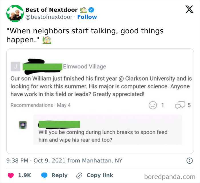 Parent seeks work leads for son in computer science on neighborhood forum