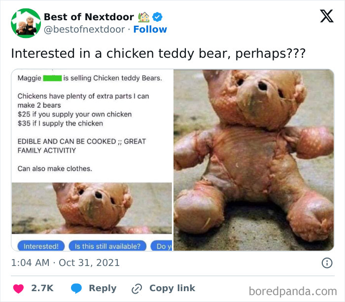 Selling chicken teddy bears for family activity seen on neighborhood social media