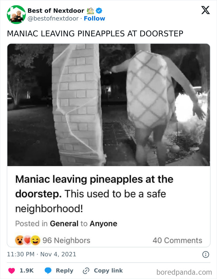 Person in pineapple costume leaves pineapples at doorstep in neighborhood prank