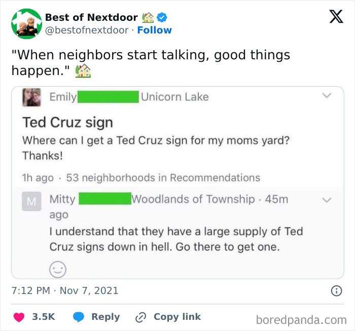 Request for Ted Cruz sign met with sarcastic neighborhood reply on local platform
