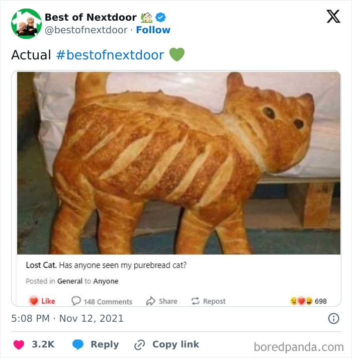 Bread shaped like a cat in a funny lost purebread cat neighbor post
