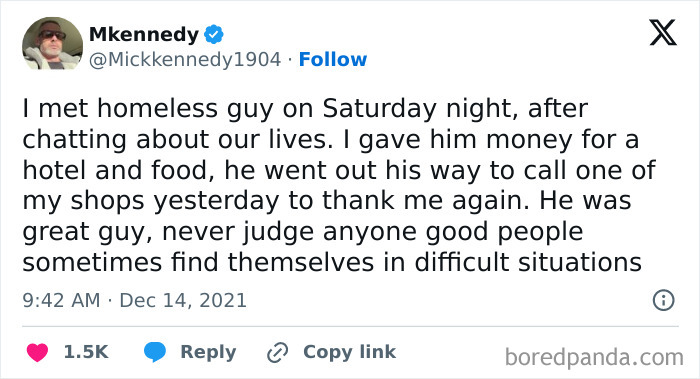 Tweet about meeting homeless guy and giving money for hotel and food
