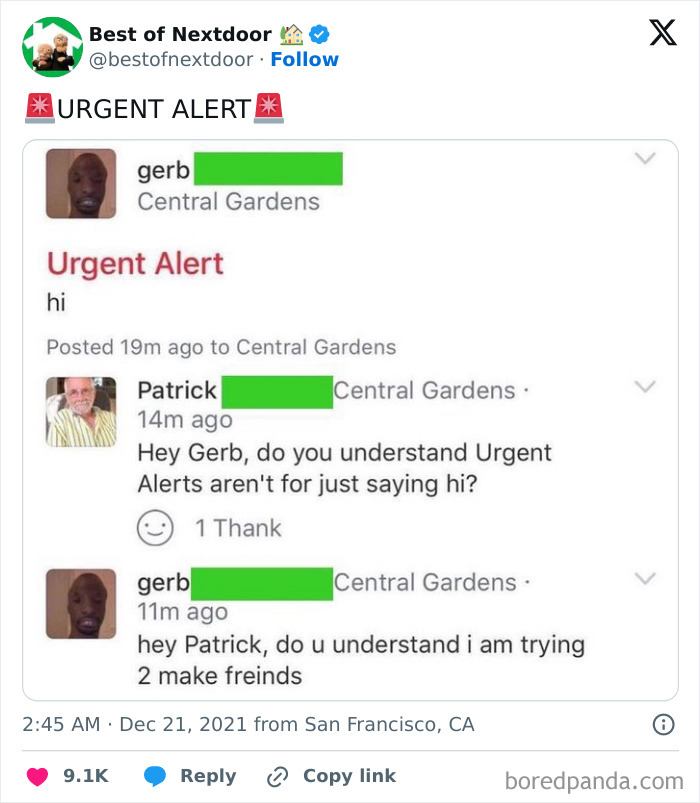 Funny neighbor alert conversation misusing urgent alert for saying hi