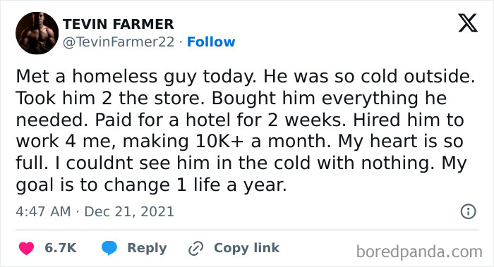 Tweet about helping homeless guy with store, hotel, and job
