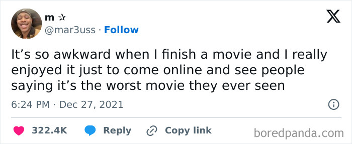 Hilarious cinephile tweet about enjoying a movie only to find others dislike it, highlighting movie people.