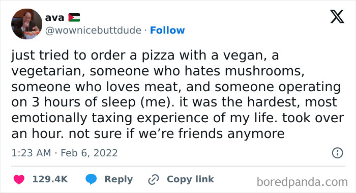 A tweet describes a tough pizza order for diverse diets, a highly relatable meme for group food decisions.