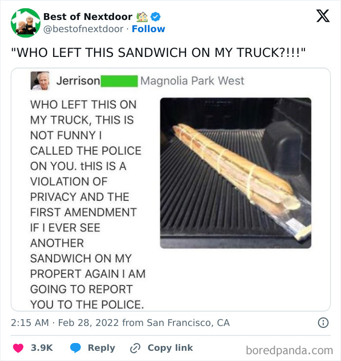 Funny neighbor complaint about sandwich left on truck bed posted online