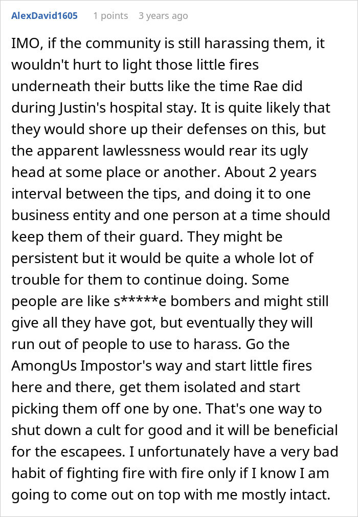 Comment suggesting resistance tactics against cult harassment