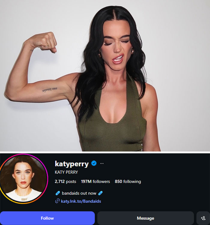 Katy Perry flexing, followed by her Instagram profile showing 197M followers. Examining celebrity follower loss in Instagram's bot purge.